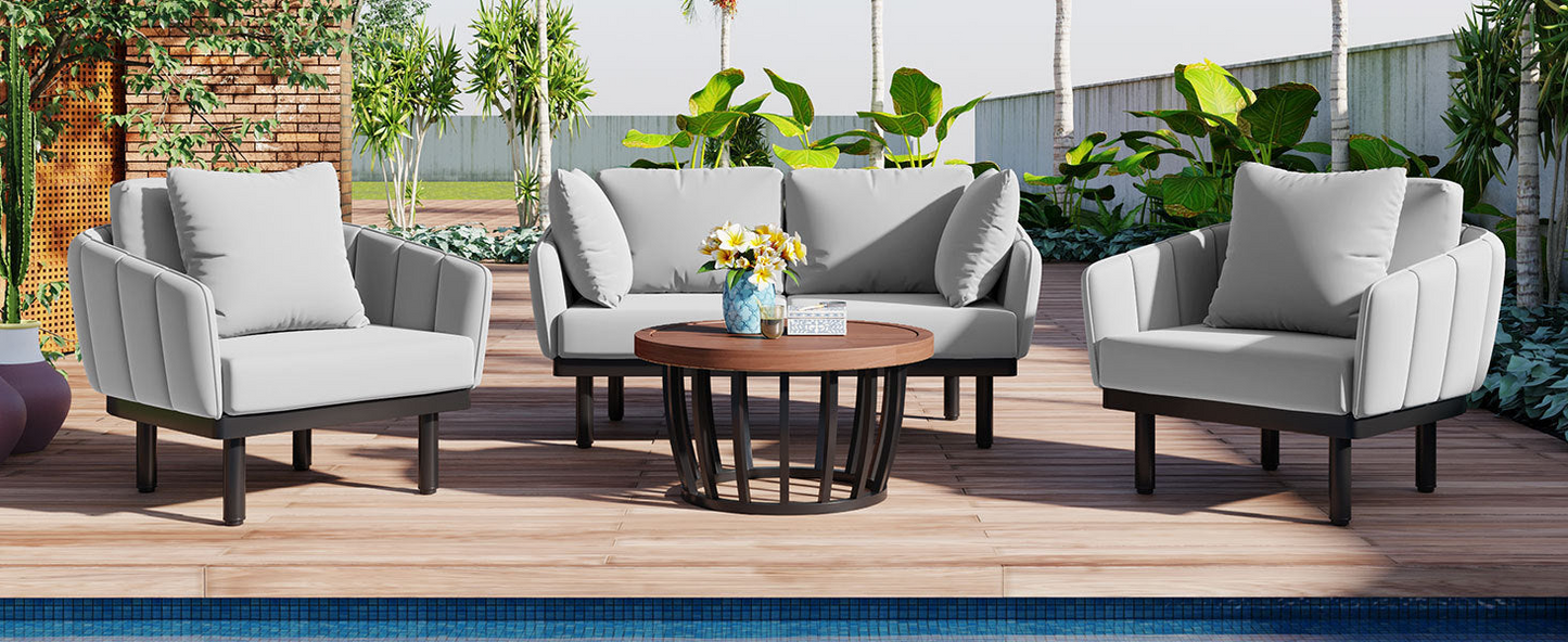 Luxury Modern 4-Piece Outdoor Iron Frame Conversation Set, Patio Chat Set with Acacia Wood Round Coffee Table for Backyard, Deck, Poolside, Indoor Use, Loveseat+Arm Chairs, Gray