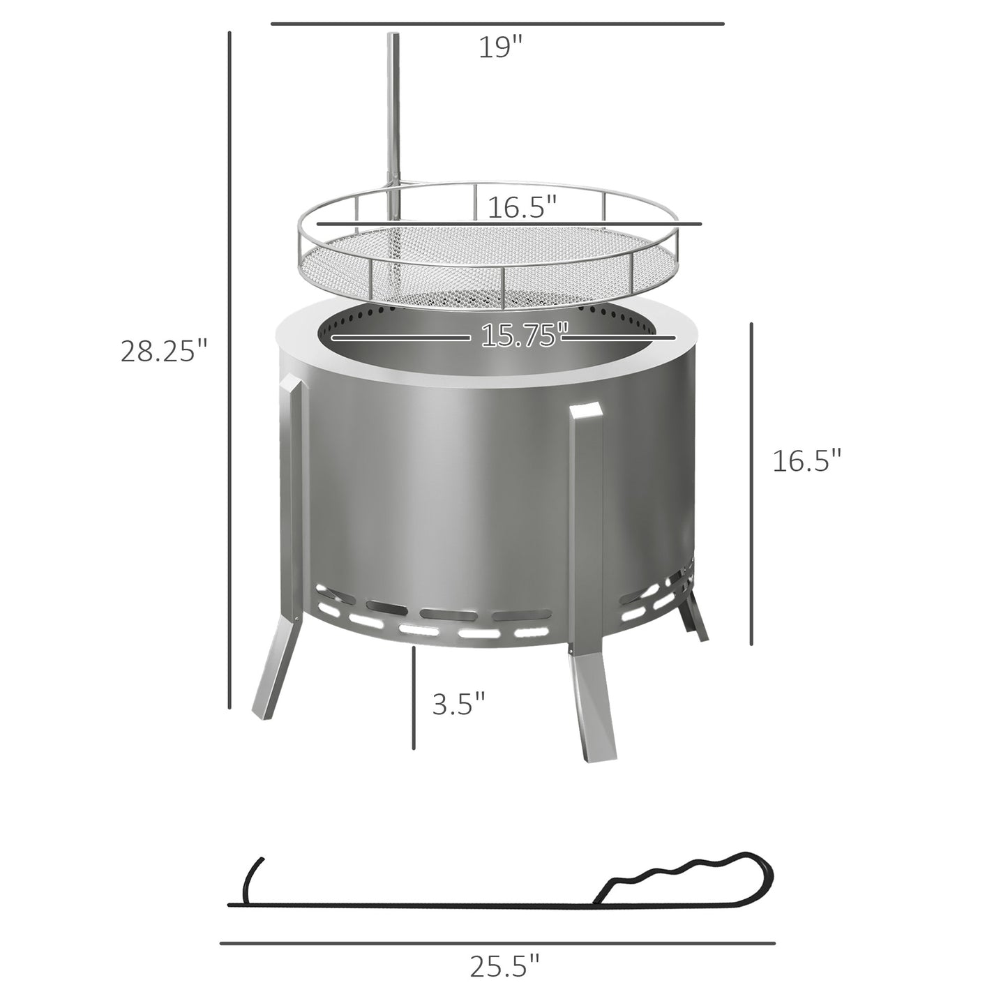 Outsunny 2-in-1 Smokeless Fire Pit, BBQ Grill, 19" Portable Wood Burning Firepit with Cooking Grate and Poker, Low Smoke Camping Bonfire Stove for Backyard Patio Picnic, Stainless Steel, Silver