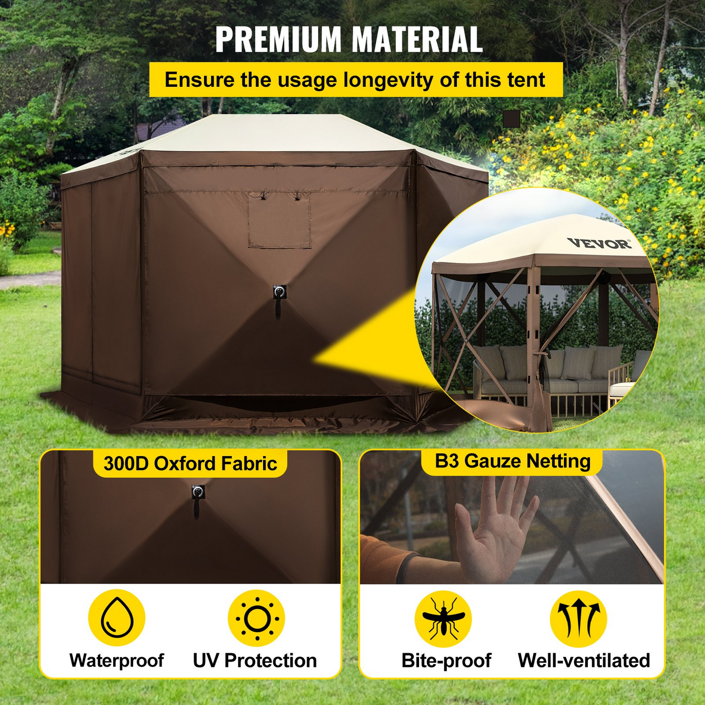 VEVOR Camping Gazebo Screen Tent, 12*12ft, 6 Sided Pop-up Canopy Shelter Tent with Mesh Windows, Portable Carry Bag, Stakes, Large Shade Tents for Outdoor Camping, Lawn and Backyard, Brown/Beige