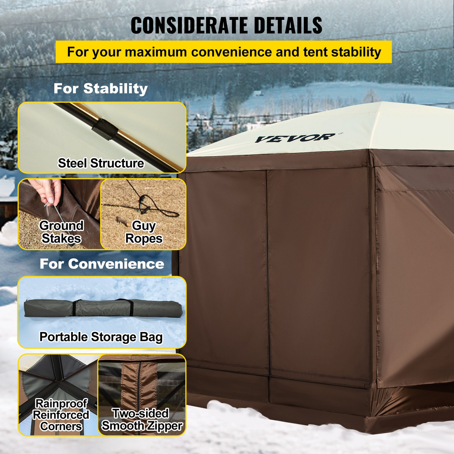 VEVOR Camping Gazebo Screen Tent, 12*12ft, 6 Sided Pop-up Canopy Shelter Tent with Mesh Windows, Portable Carry Bag, Stakes, Large Shade Tents for Outdoor Camping, Lawn and Backyard, Brown/Beige