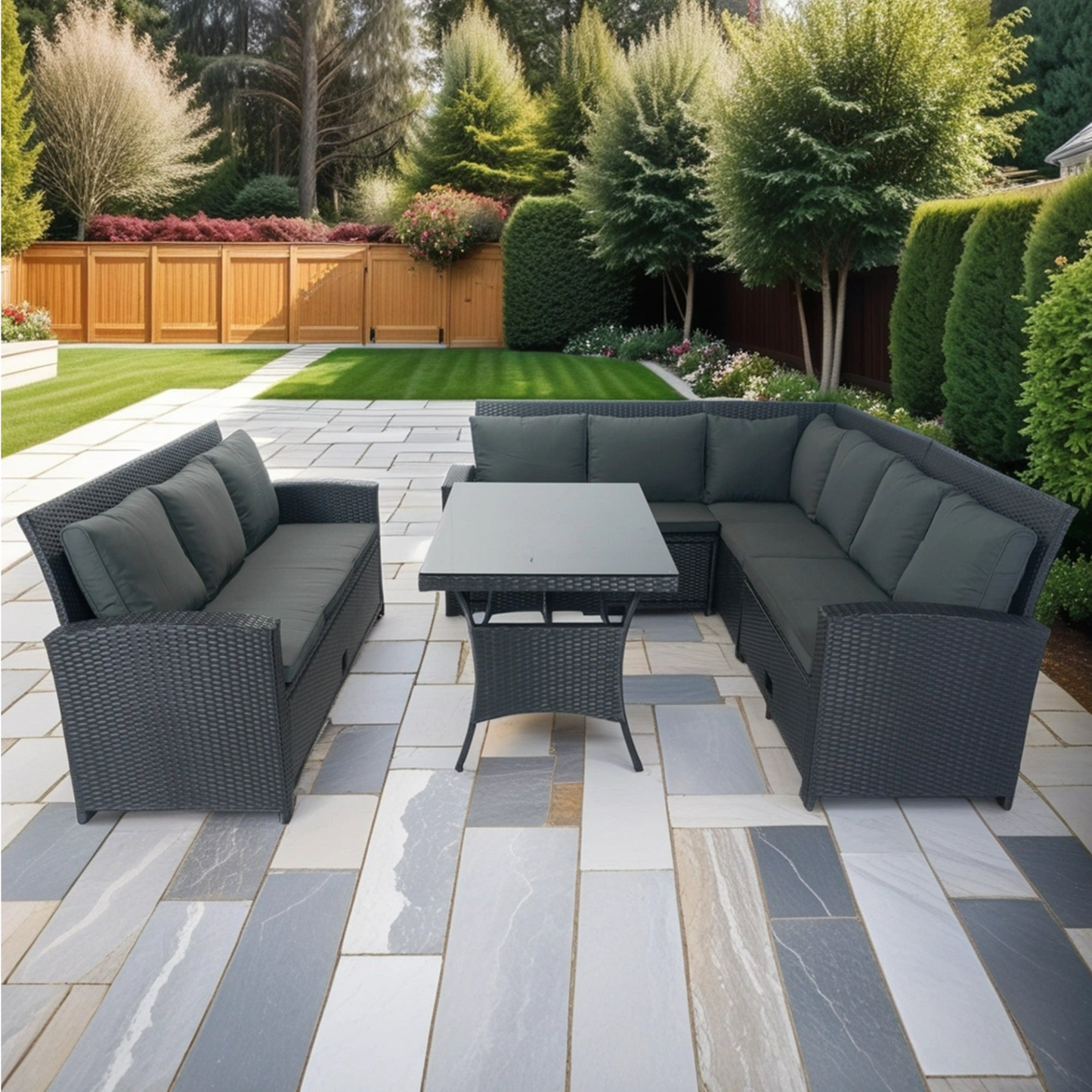 5 Piece Patio wicker Outdoor Sectional Set 9 Seater Conversation Set with 3 Storage Under Seat Black Wicker + Dark Grey Cushion