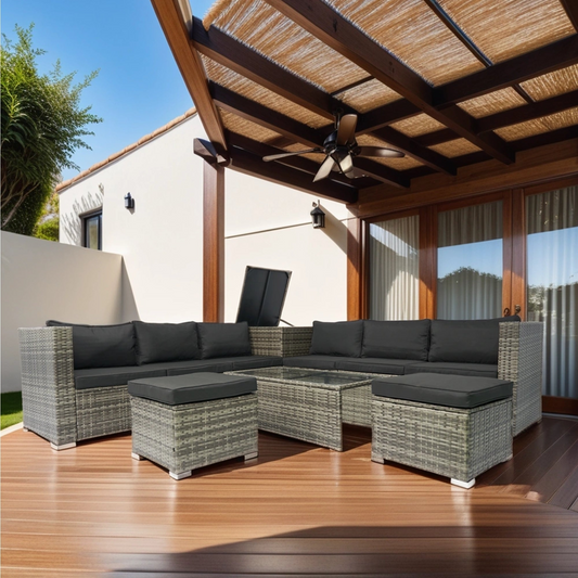 8 Piece Patio Sectional Wicker Rattan Outdoor Furniture Sofa Set with One Storage Box Under Seat and Cushion Box Grey wicker + Black Cushion + Clear Glass Top