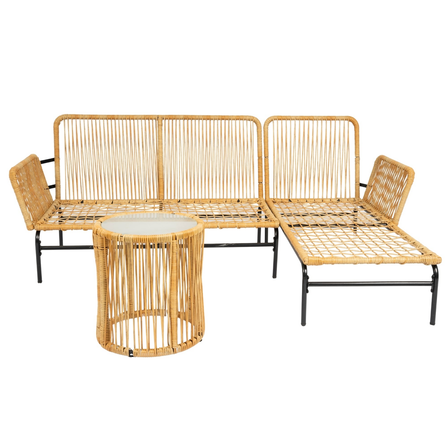 3 Pieces Outdoor Patio Wicker Furniture Sets Table and Chairs with 3.15-inches Thick Cushion Outdoor Sofa Set Natural Yellow Wicker + Creme Cushion