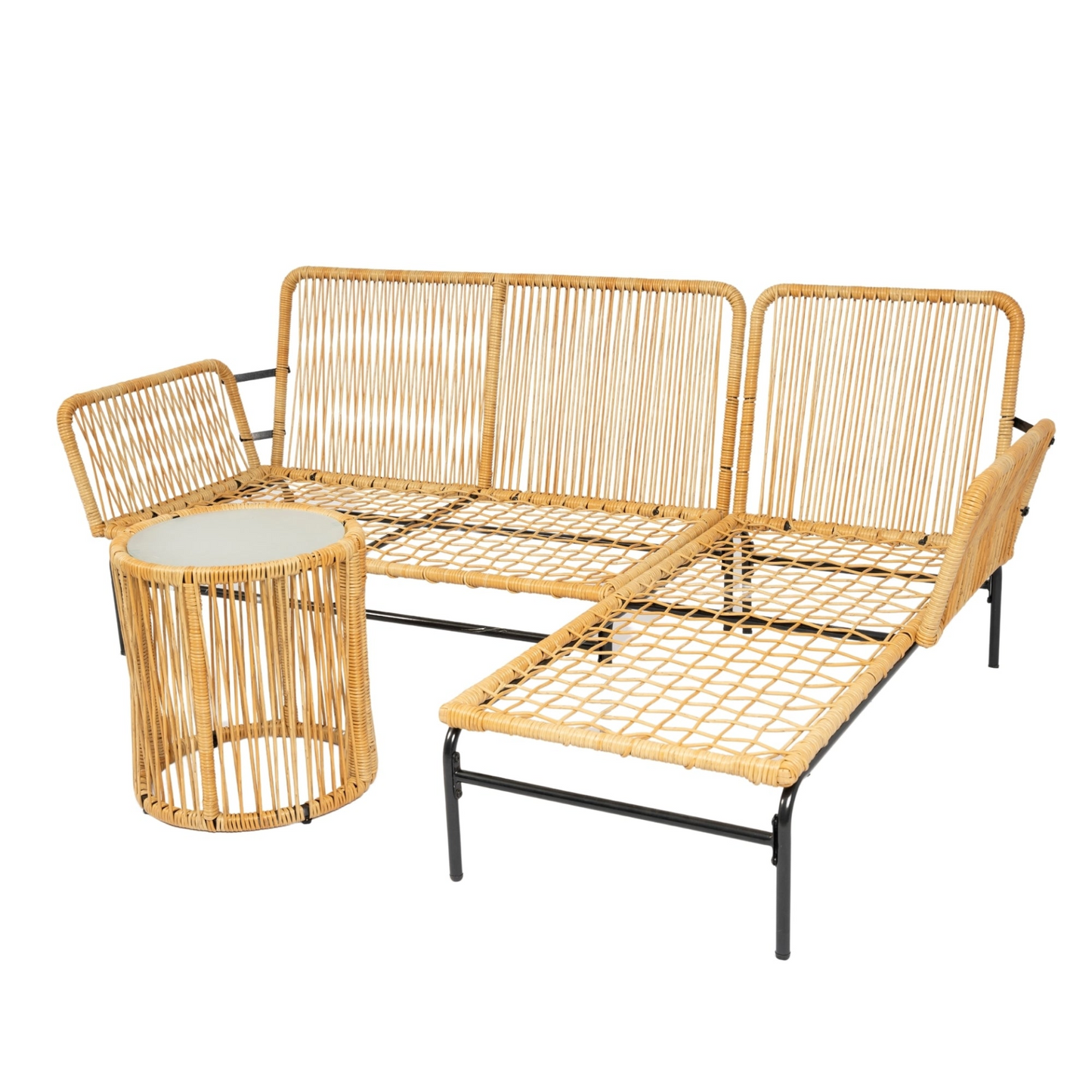 3 Pieces Outdoor Patio Wicker Furniture Sets Table and Chairs with 3.15-inches Thick Cushion Outdoor Sofa Set Natural Yellow Wicker + Creme Cushion