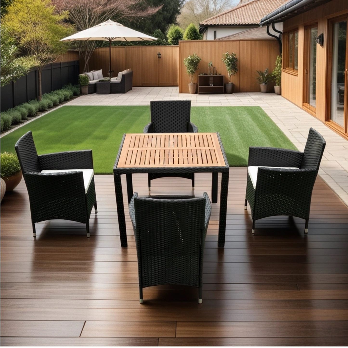 5 piece Outdoor Patio Wicker Dining Set Patio Wicker Furniture Dining Set w/Acacia Wood Top Black Wicker + Creme Cushion