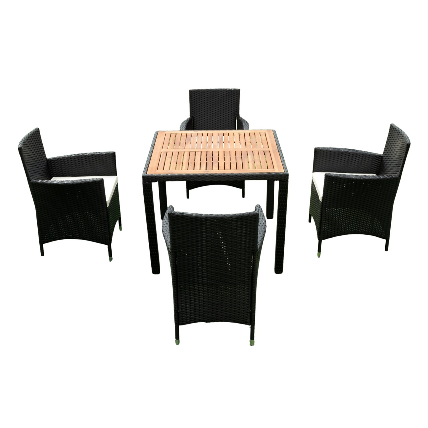 5 piece Outdoor Patio Wicker Dining Set Patio Wicker Furniture Dining Set w/Acacia Wood Top Black Wicker + Creme Cushion