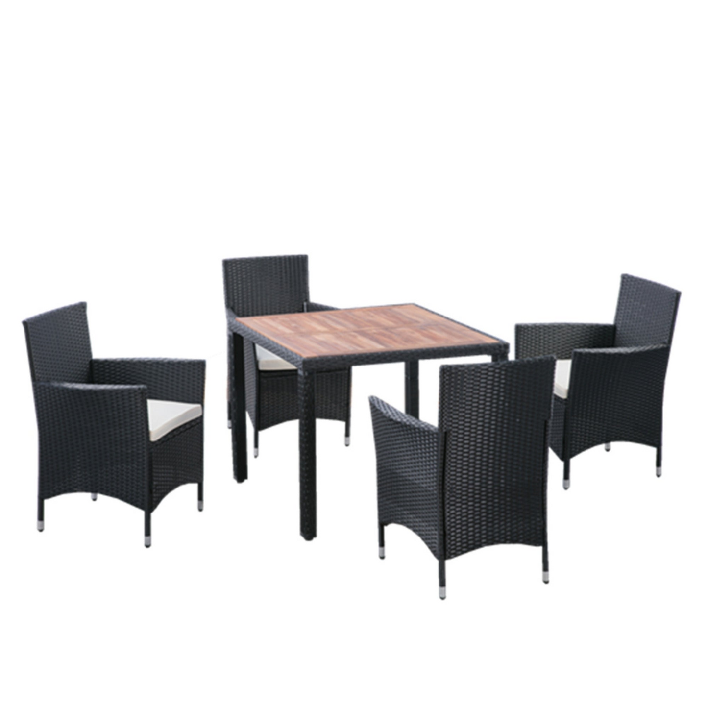 5 piece Outdoor Patio Wicker Dining Set Patio Wicker Furniture Dining Set w/Acacia Wood Top Black Wicker + Creme Cushion