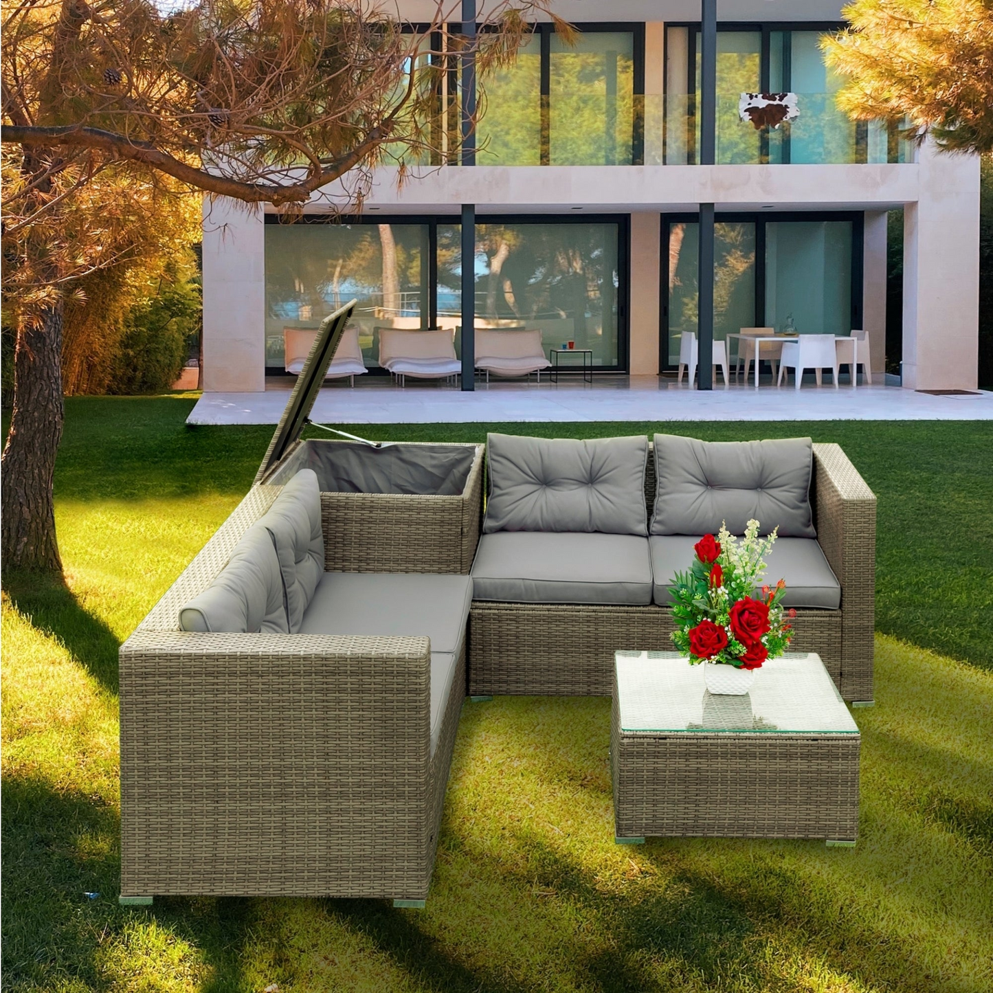 4 Piece Patio Sectional Wicker Rattan Outdoor Furniture Sofa Set with Storage Box Grey