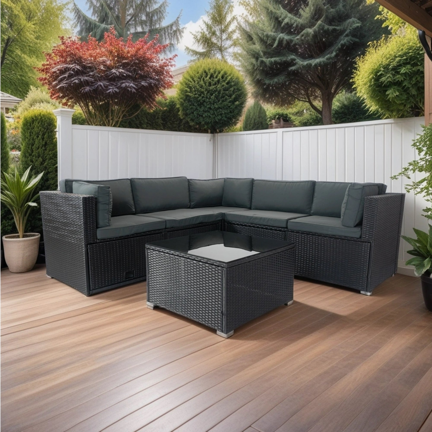 6 Pieces PE Rattan sectional Outdoor Furniture Cushioned  Sofa Set with 3 Storage Under Seat Black Wicker + Dark Grey Cushion