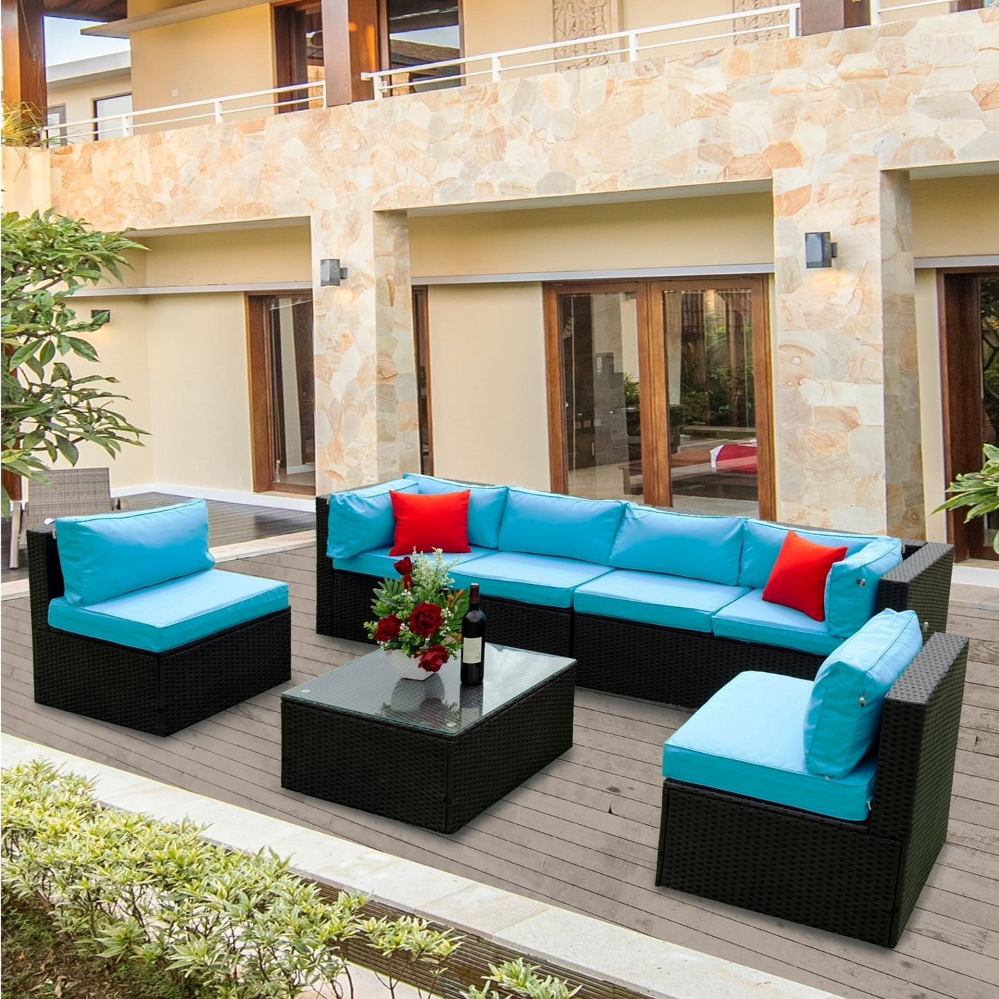 5 Pieces PE Rattan sectional Outdoor Furniture Cushioned  U Sofa set with 2 Pillow