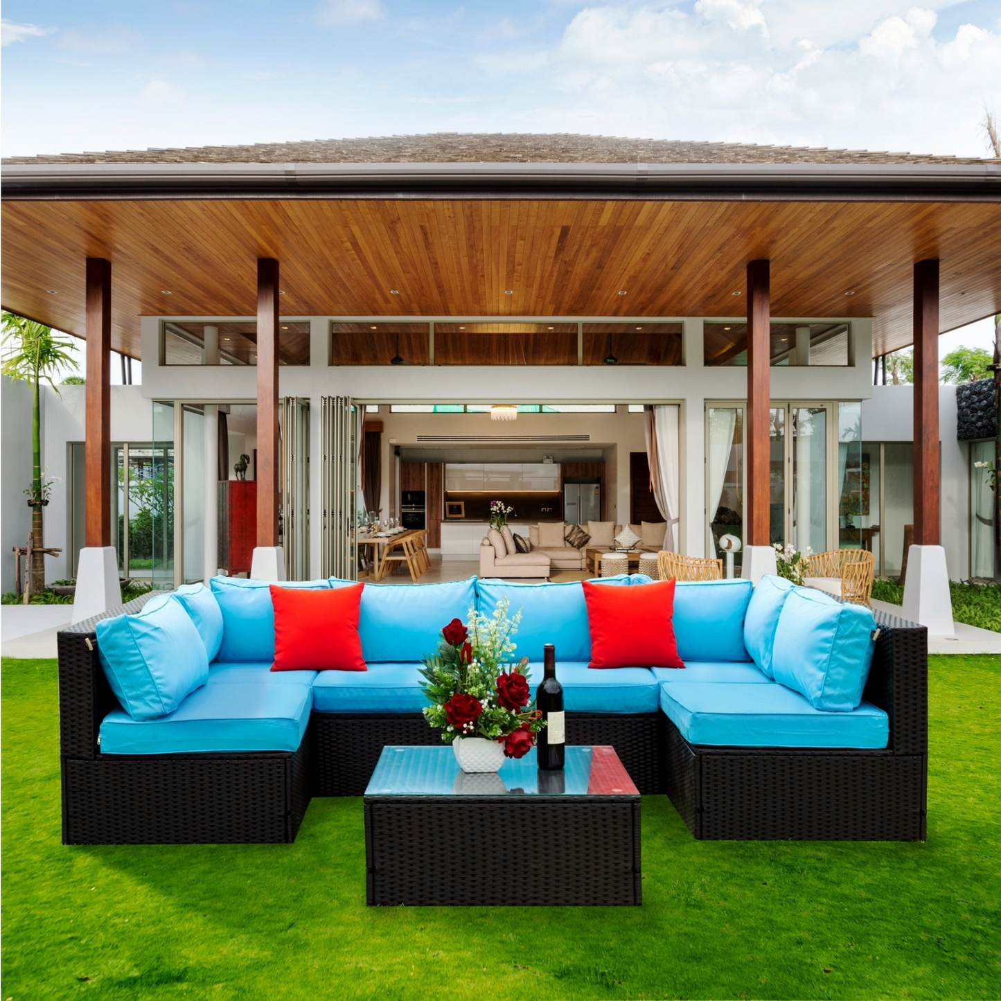 5 Pieces PE Rattan sectional Outdoor Furniture Cushioned  U Sofa set with 2 Pillow