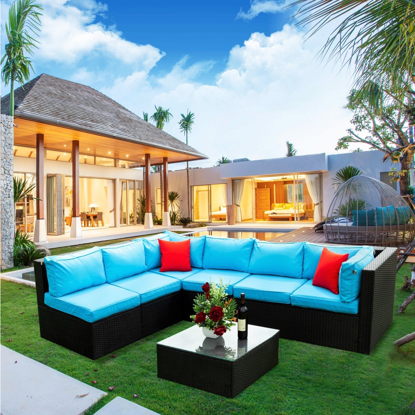 5 Pieces PE Rattan sectional Outdoor Furniture Cushioned  U Sofa set with 2 Pillow