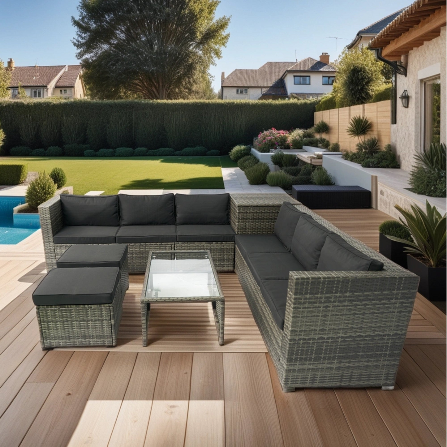 8 Piece Patio Sectional Wicker Rattan Outdoor Furniture Sofa Set with One Storage Box Under Seat and Cushion Box Grey wicker + Black Cushion + Clear Glass Top