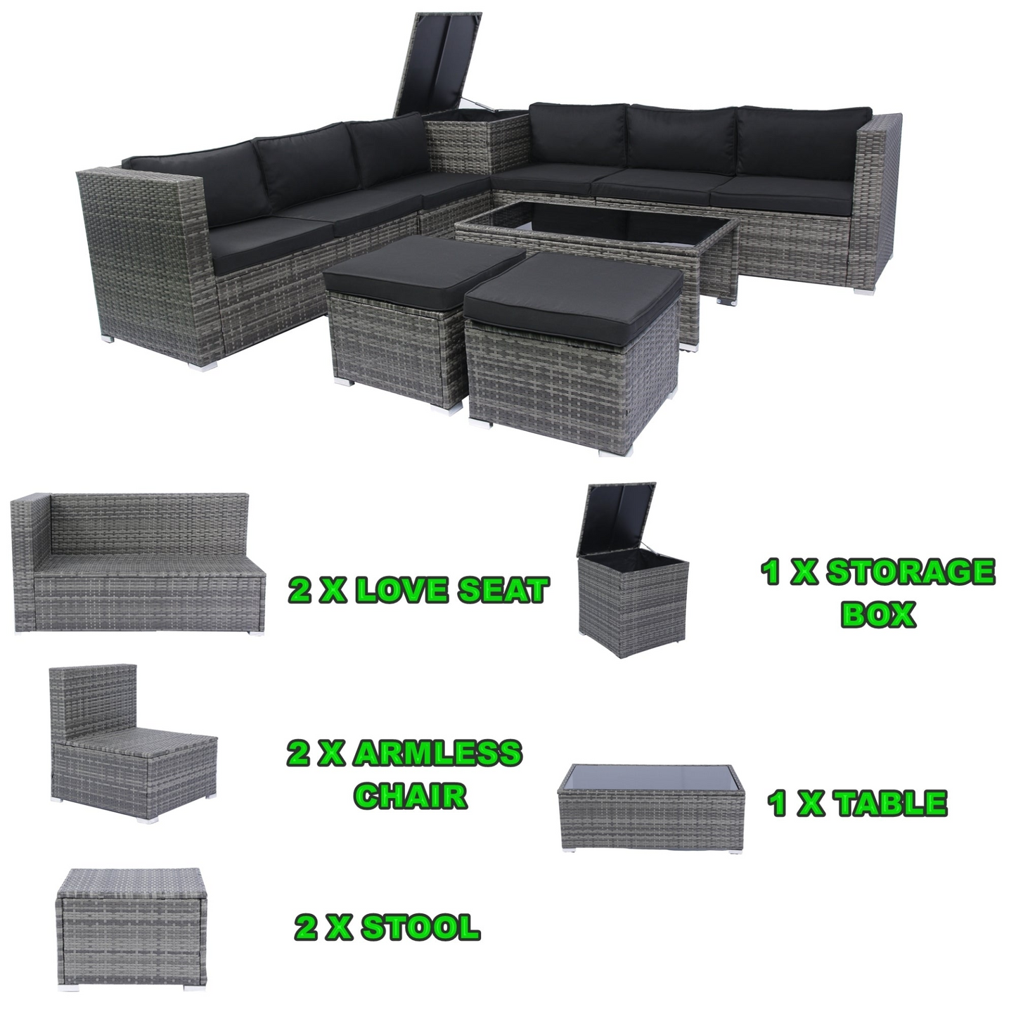 8 Piece Patio Sectional Wicker Rattan Outdoor Furniture Sofa Set with One Storage Box Under Seat and Cushion Box Grey wicker + Black Cushion + Clear Glass Top