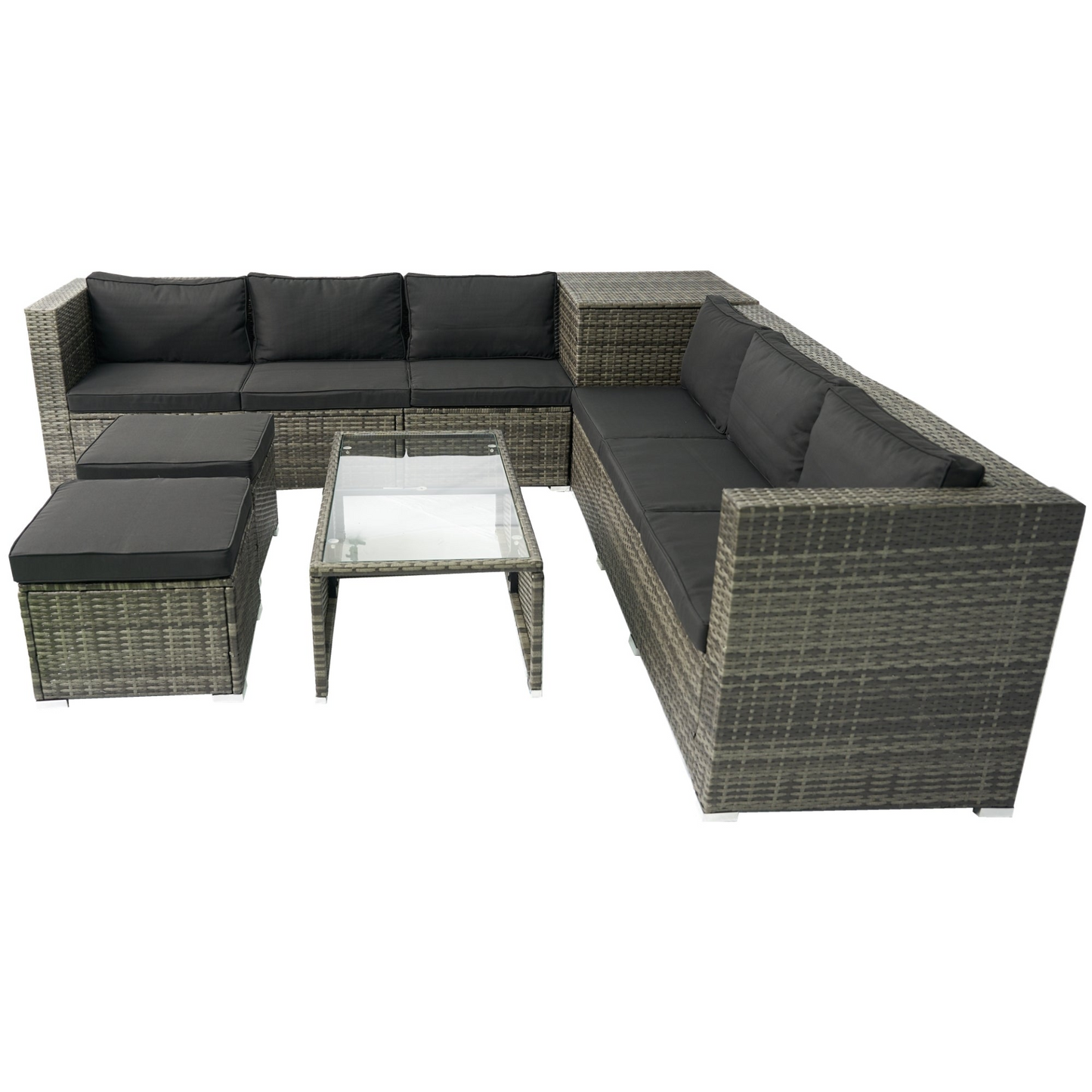 8 Piece Patio Sectional Wicker Rattan Outdoor Furniture Sofa Set with One Storage Box Under Seat and Cushion Box Grey wicker + Black Cushion + Clear Glass Top