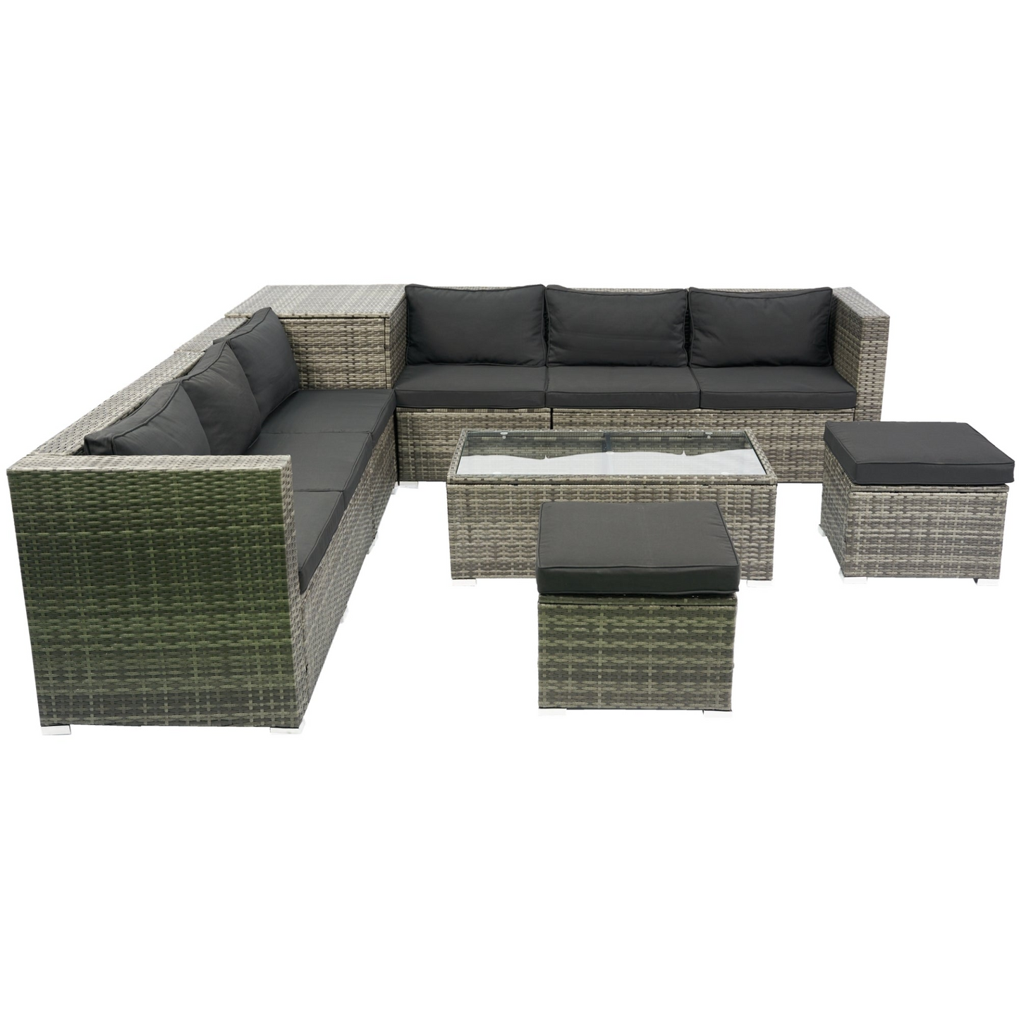 8 Piece Patio Sectional Wicker Rattan Outdoor Furniture Sofa Set with One Storage Box Under Seat and Cushion Box Grey wicker + Black Cushion + Clear Glass Top