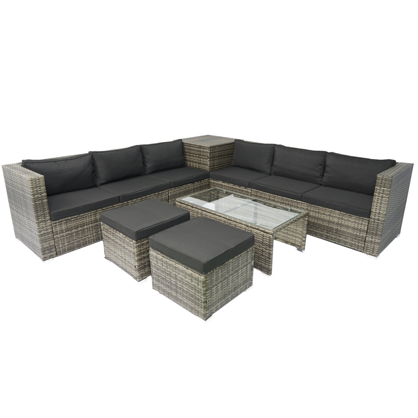 8 Piece Patio Sectional Wicker Rattan Outdoor Furniture Sofa Set with One Storage Box Under Seat and Cushion Box Grey wicker + Black Cushion + Clear Glass Top