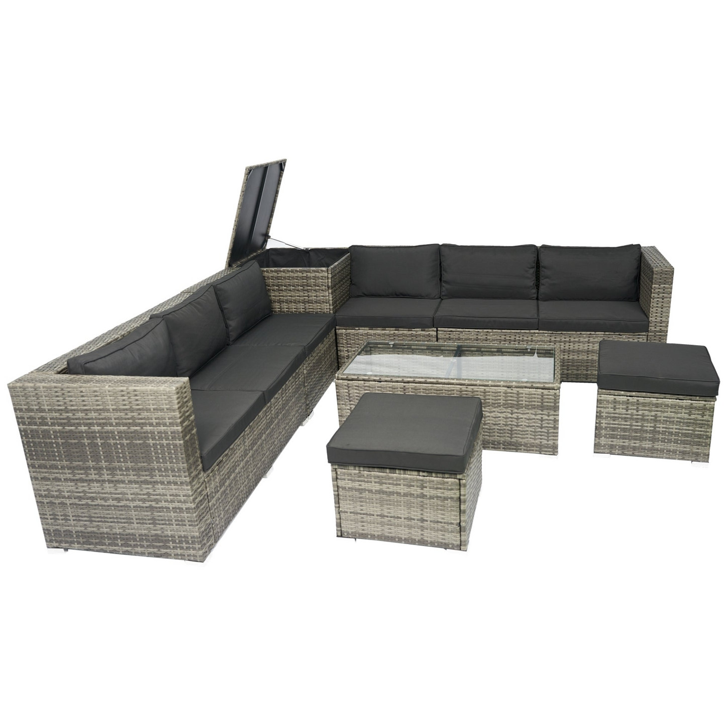 8 Piece Patio Sectional Wicker Rattan Outdoor Furniture Sofa Set with One Storage Box Under Seat and Cushion Box Grey wicker + Black Cushion + Clear Glass Top