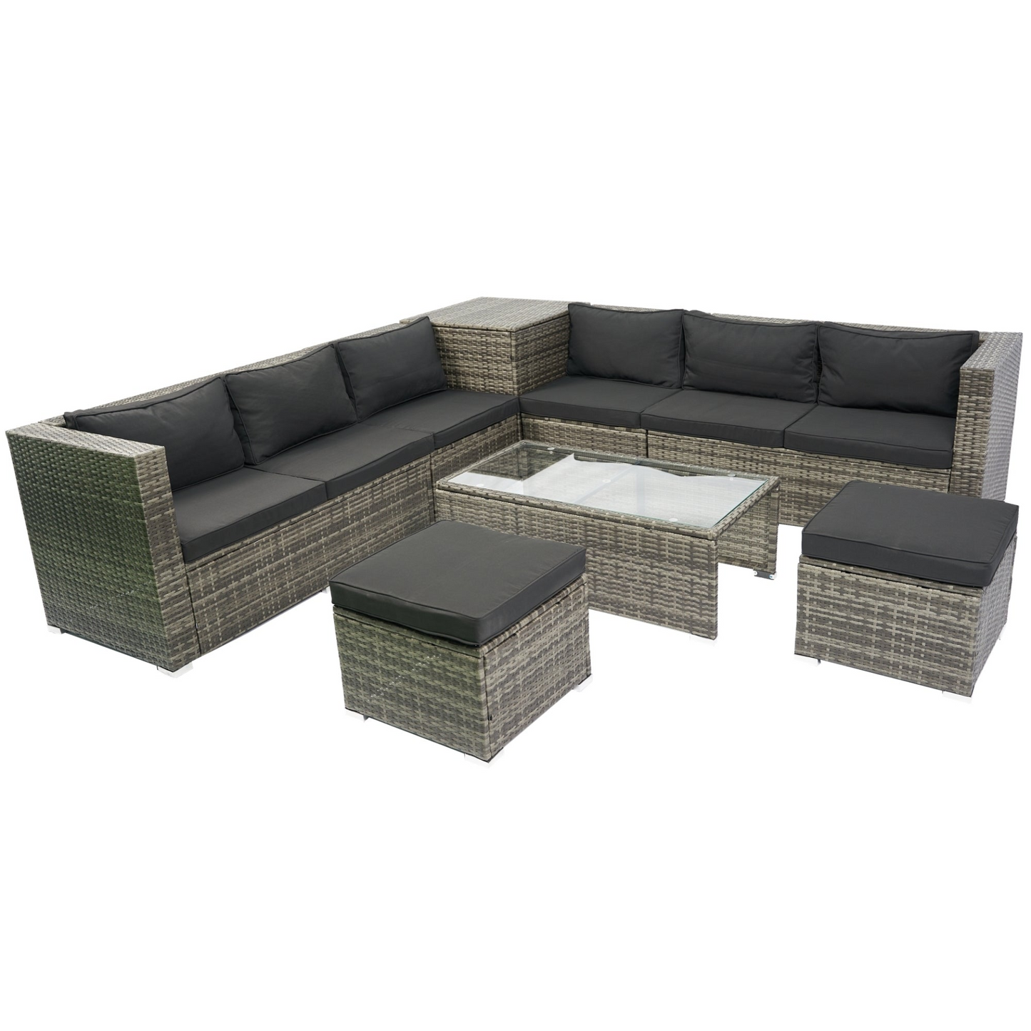 8 Piece Patio Sectional Wicker Rattan Outdoor Furniture Sofa Set with One Storage Box Under Seat and Cushion Box Grey wicker + Black Cushion + Clear Glass Top