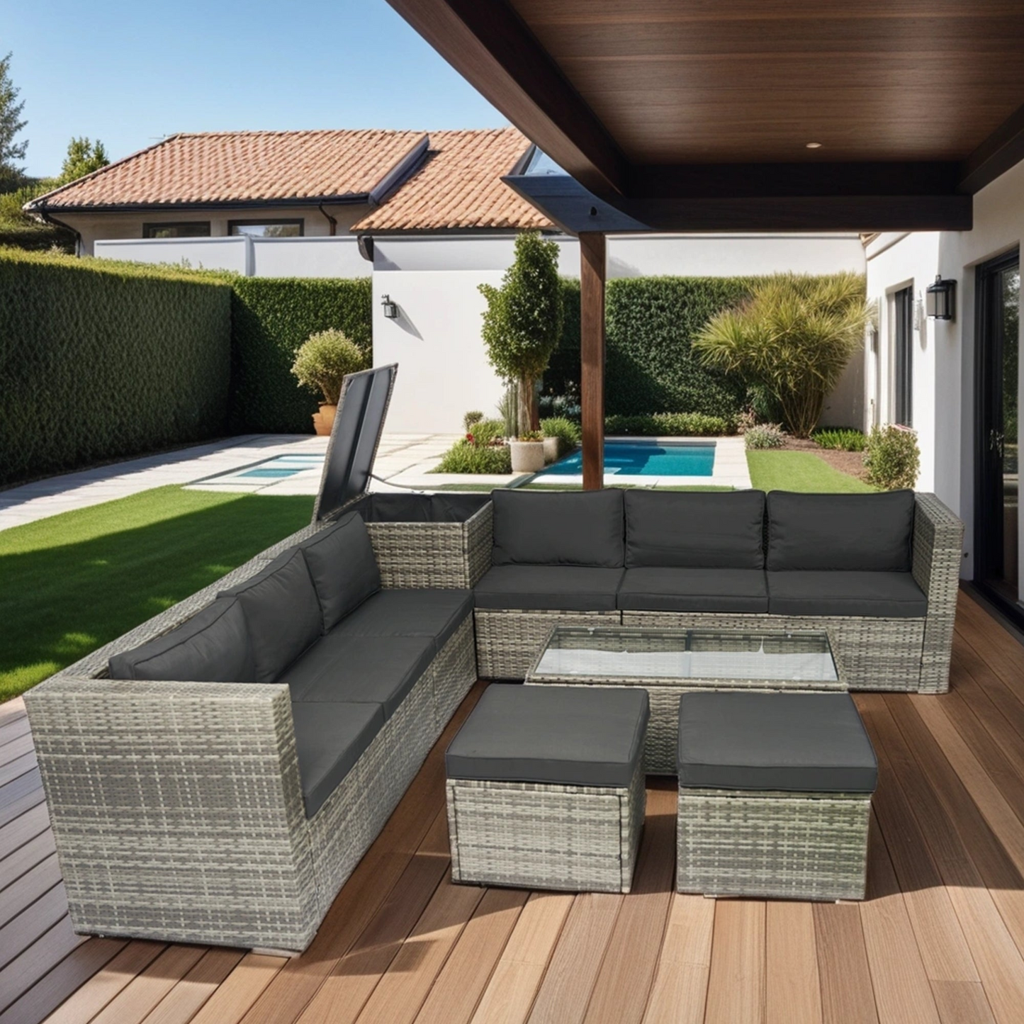 8 Piece Patio Sectional Wicker Rattan Outdoor Furniture Sofa Set with One Storage Box Under Seat and Cushion Box Grey wicker + Black Cushion + Clear Glass Top