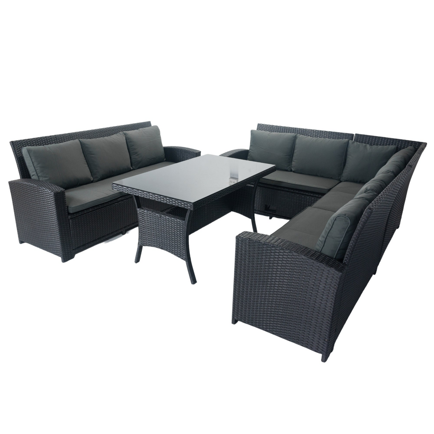 5 Piece Patio wicker Outdoor Sectional Set 9 Seater Conversation Set with 3 Storage Under Seat Black Wicker + Dark Grey Cushion