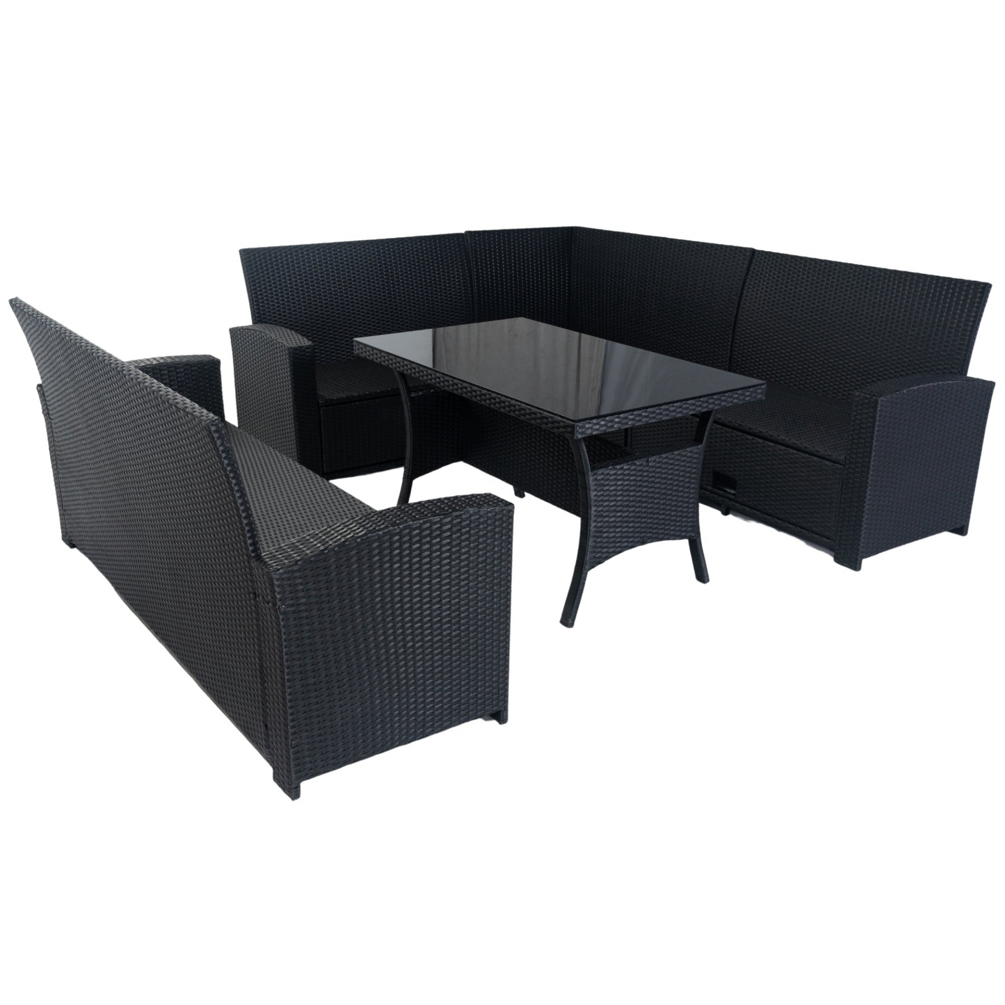 5 Piece Patio wicker Outdoor Sectional Set 9 Seater Conversation Set with 3 Storage Under Seat Black Wicker + Dark Grey Cushion