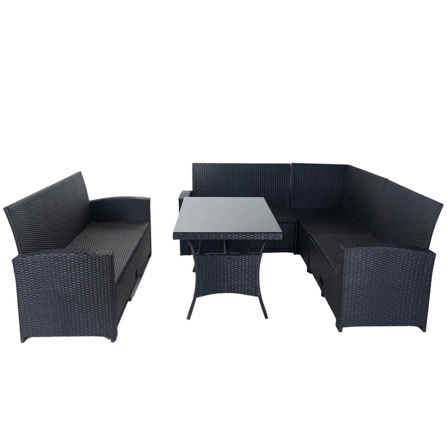 5 Piece Patio wicker Outdoor Sectional Set 9 Seater Conversation Set with 3 Storage Under Seat Black Wicker + Dark Grey Cushion