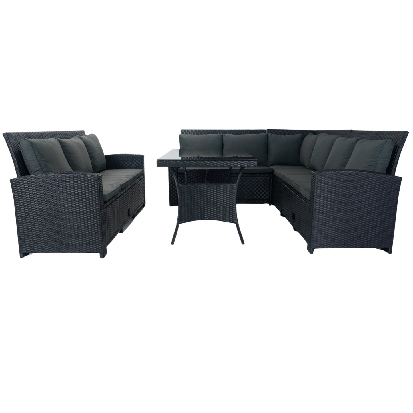 5 Piece Patio wicker Outdoor Sectional Set 9 Seater Conversation Set with 3 Storage Under Seat Black Wicker + Dark Grey Cushion