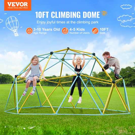 VEVOR Climbing Dome, Jungle Gym Supports 750LBS and Easy Assembly, 10FT Geometric Dome Climber Play Center for Kids 3 to 10 Years Old,with Climbing Grip, Outdoor Backyard Play Equipment for Kids