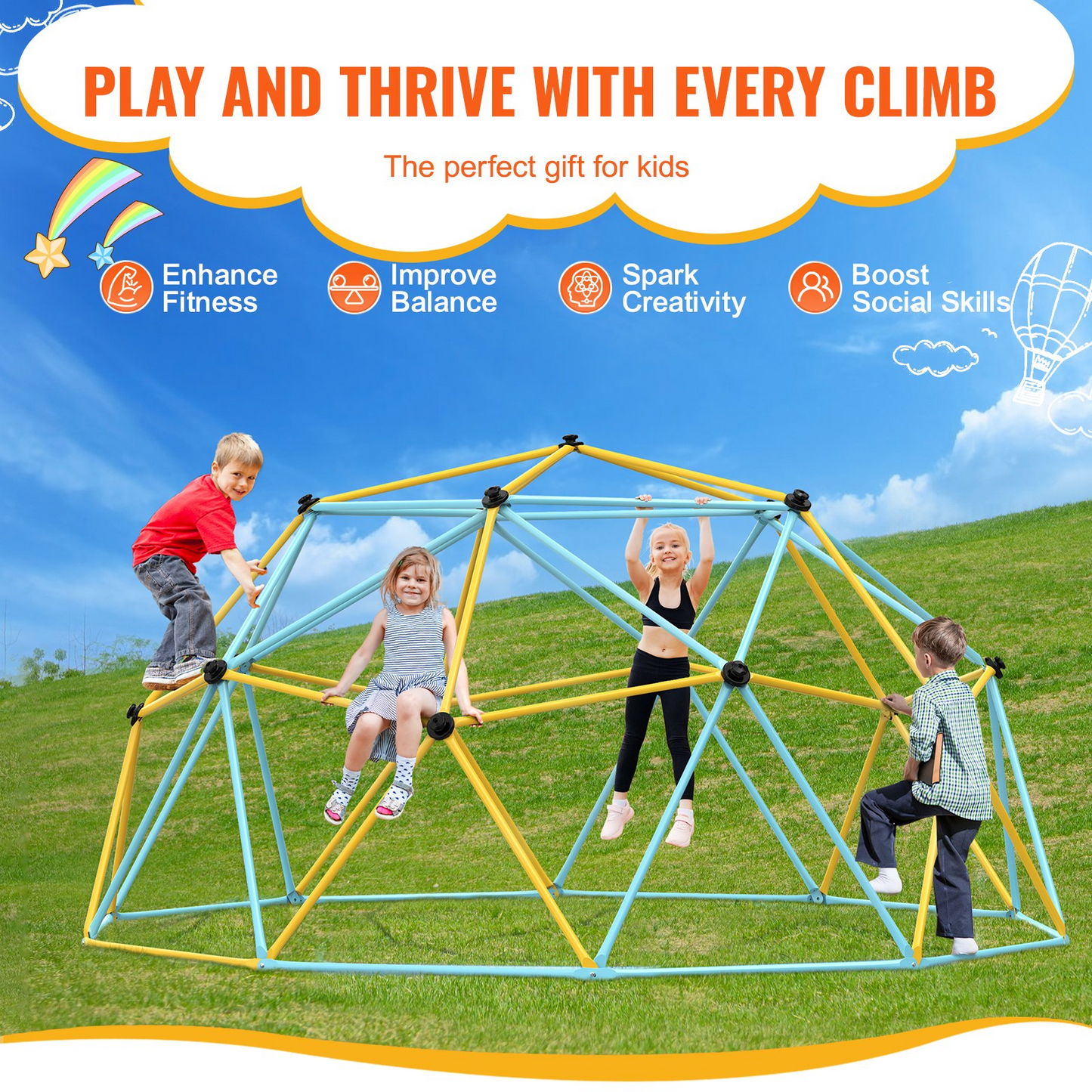 VEVOR Climbing Dome, Jungle Gym Supports 750LBS and Easy Assembly, 10FT Geometric Dome Climber Play Center for Kids 3 to 10 Years Old,with Climbing Grip, Outdoor Backyard Play Equipment for Kids