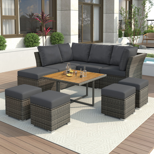 Patio Furniture Set, 10 Piece Outdoor Conversation Set, CoffeeTable with Ottomans, Solid wood coffee table