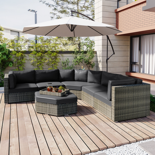 Patio Furniture Set, 6 Piece Outdoor Conversation Set All Weather Wicker Sectional Sofa with Ottoman and Cushions and Small Trays