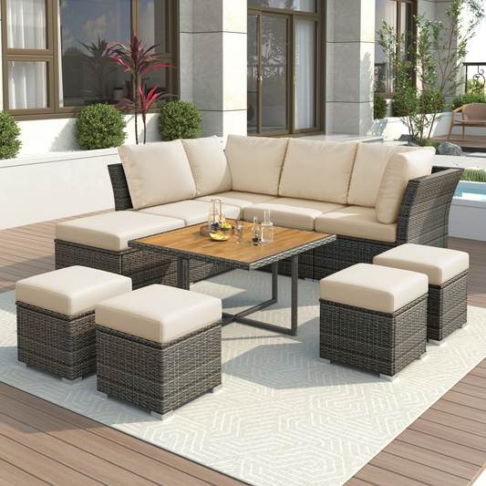 Patio Furniture Set, 10 Piece Outdoor Conversation Set, CoffeeTable with Ottomans, Solid wood coffee table