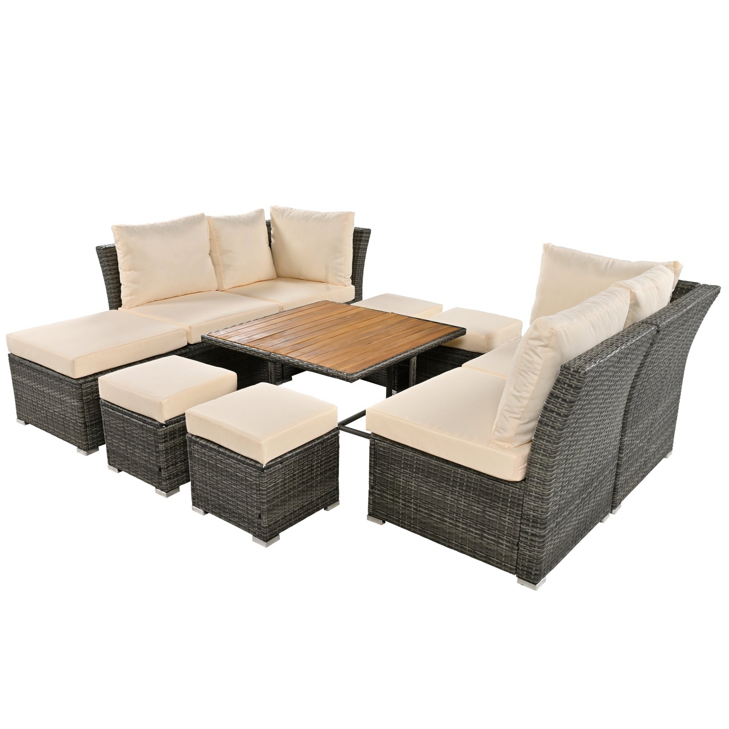 Patio Furniture Set, 10 Piece Outdoor Conversation Set, CoffeeTable with Ottomans, Solid wood coffee table