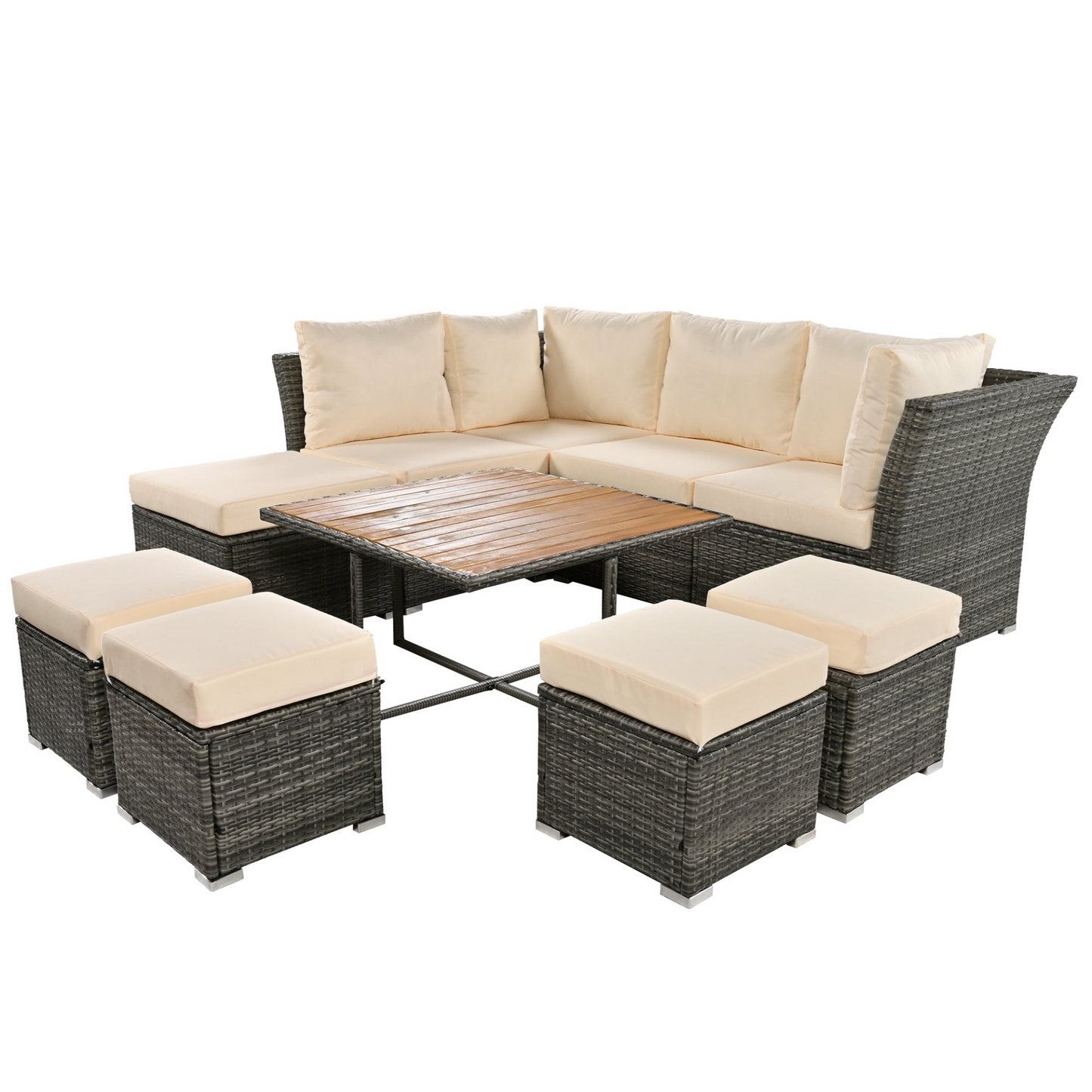 Patio Furniture Set, 10 Piece Outdoor Conversation Set, CoffeeTable with Ottomans, Solid wood coffee table