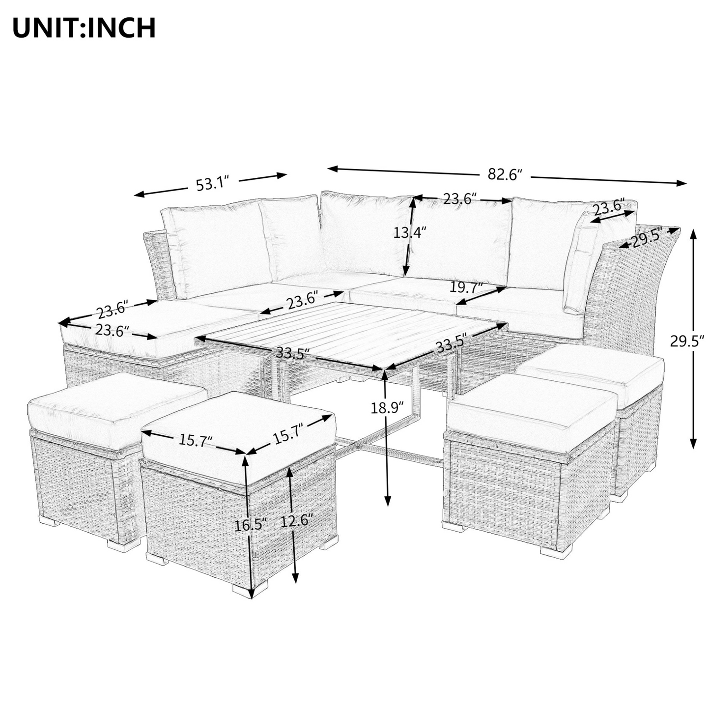 Patio Furniture Set, 10 Piece Outdoor Conversation Set, CoffeeTable with Ottomans, Solid wood coffee table