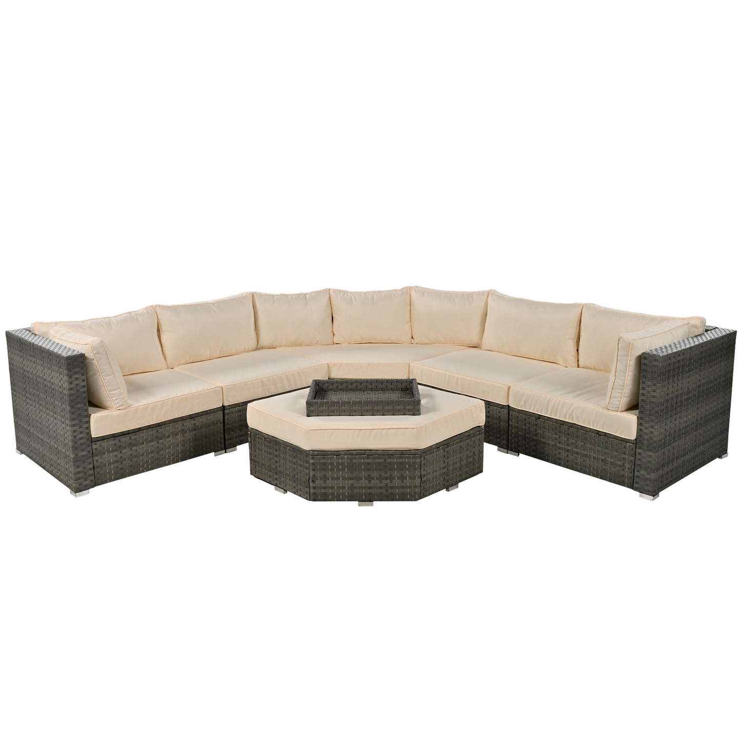 Patio Furniture Set, 6 Piece Outdoor Conversation Set All Weather Wicker Sectional Sofa with Ottoman and Cushions and Small Trays