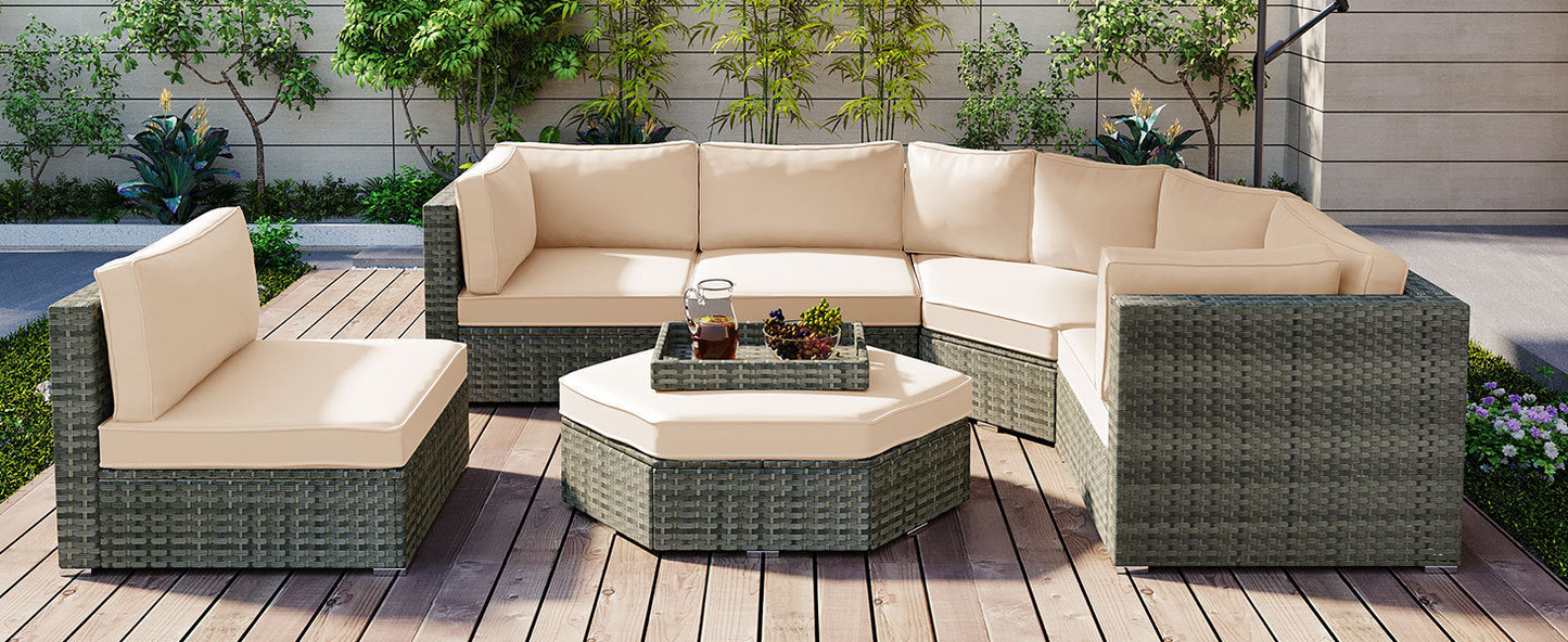 Patio Furniture Set, 6 Piece Outdoor Conversation Set All Weather Wicker Sectional Sofa with Ottoman and Cushions and Small Trays