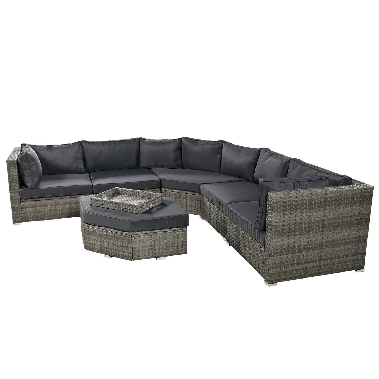 Patio Furniture Set, 6 Piece Outdoor Conversation Set All Weather Wicker Sectional Sofa with Ottoman and Cushions and Small Trays