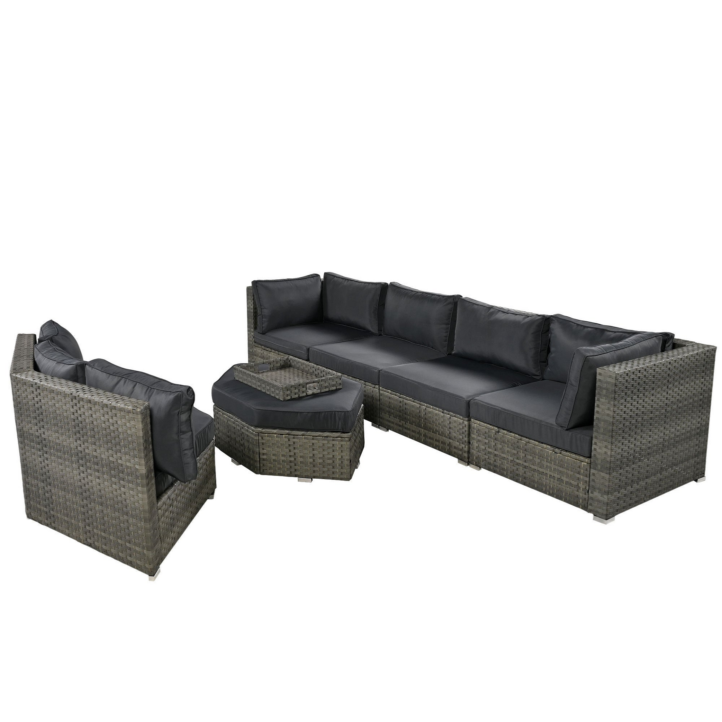 Patio Furniture Set, 6 Piece Outdoor Conversation Set All Weather Wicker Sectional Sofa with Ottoman and Cushions and Small Trays