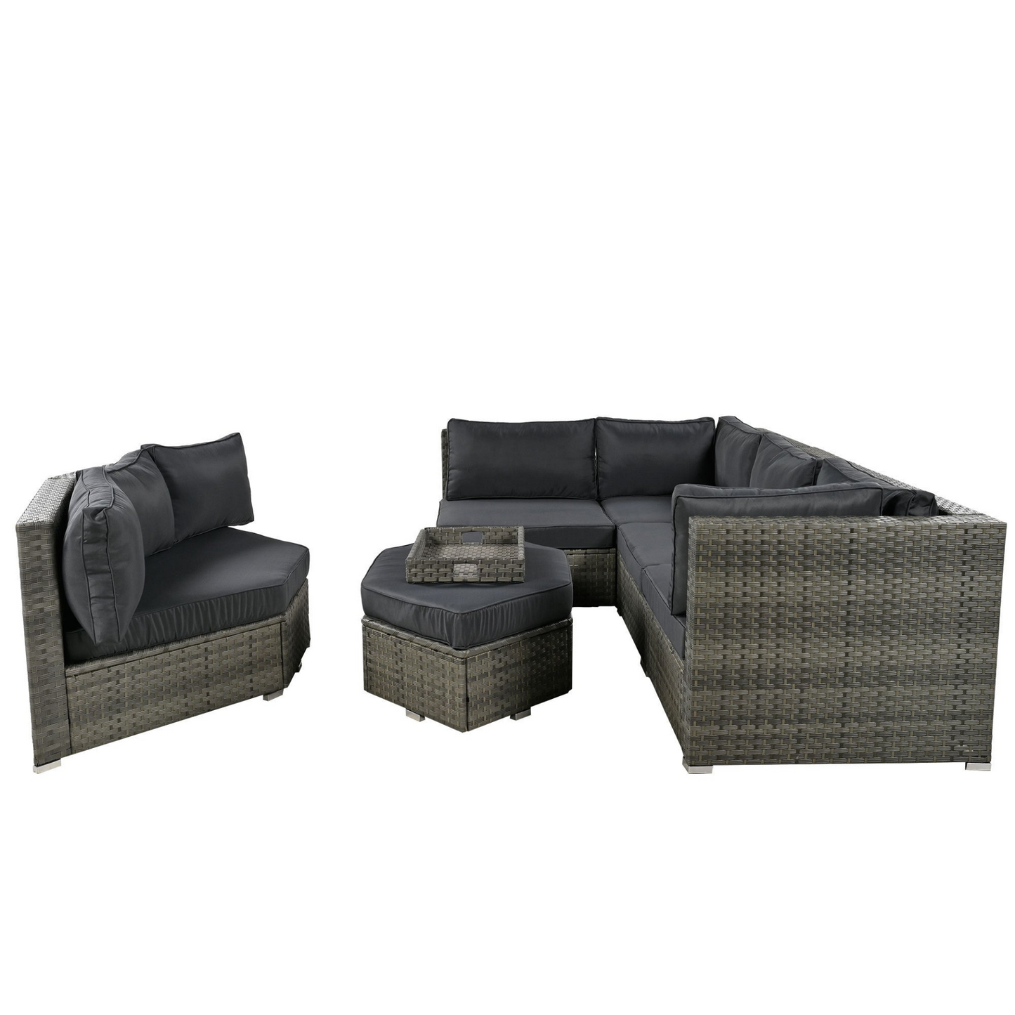 Patio Furniture Set, 6 Piece Outdoor Conversation Set All Weather Wicker Sectional Sofa with Ottoman and Cushions and Small Trays