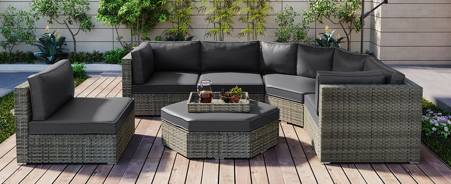 Patio Furniture Set, 6 Piece Outdoor Conversation Set All Weather Wicker Sectional Sofa with Ottoman and Cushions and Small Trays