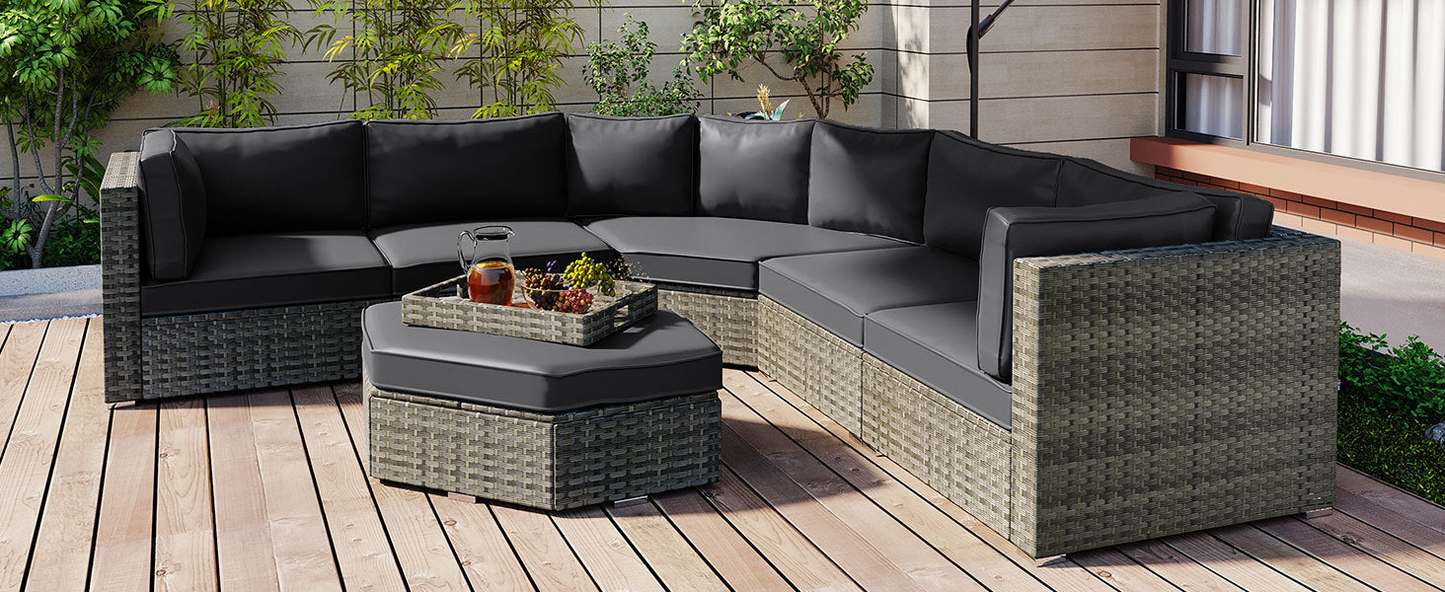 Patio Furniture Set, 6 Piece Outdoor Conversation Set All Weather Wicker Sectional Sofa with Ottoman and Cushions and Small Trays