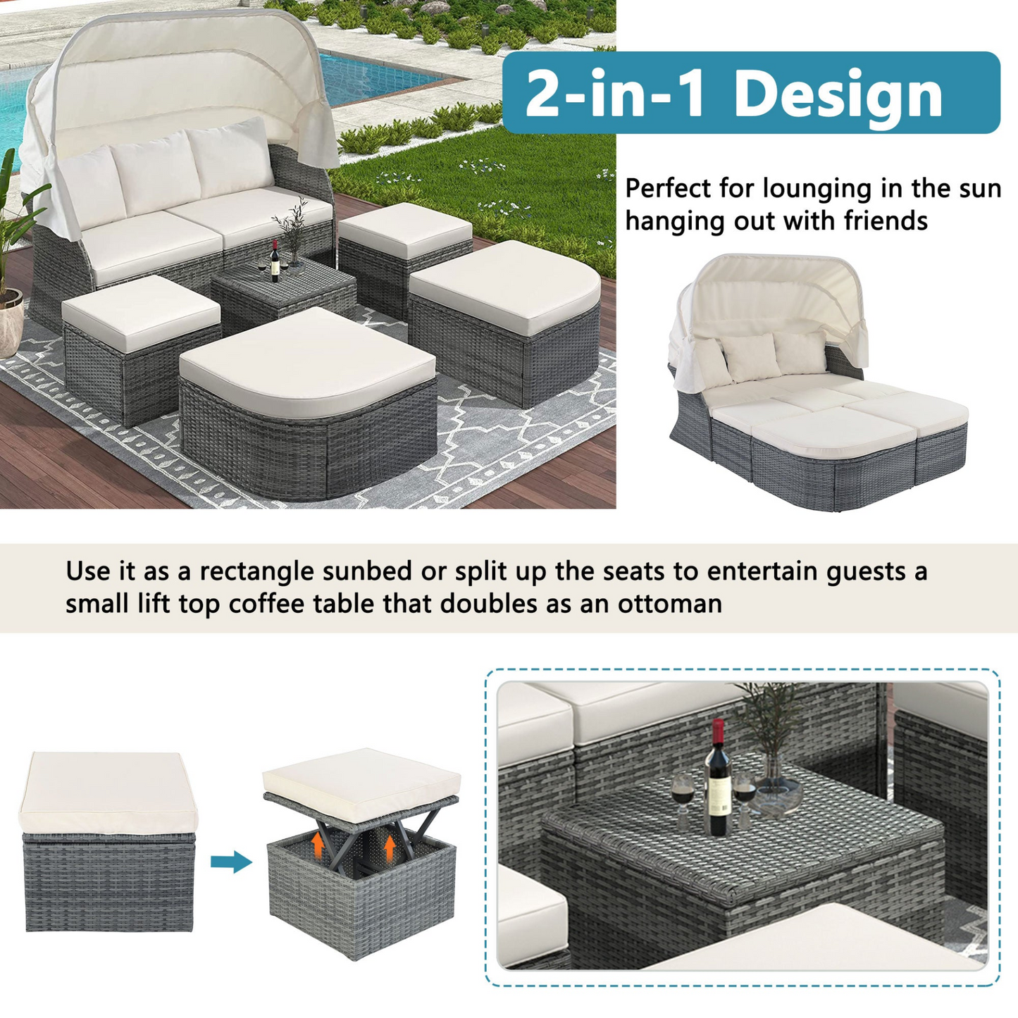 Outdoor Patio Furniture Set Daybed Sunbed with Retractable Canopy Conversation Set Wicker Furniture