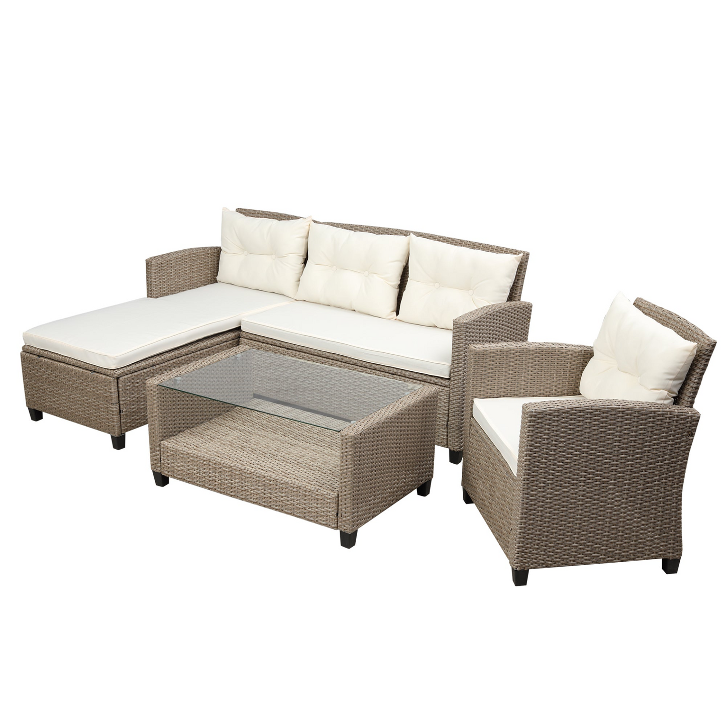 Outdoor, Patio Furniture Sets, 4 Piece Conversation Set Wicker Ratten Sectional Sofa with Seat Cushions(Beige Brown)