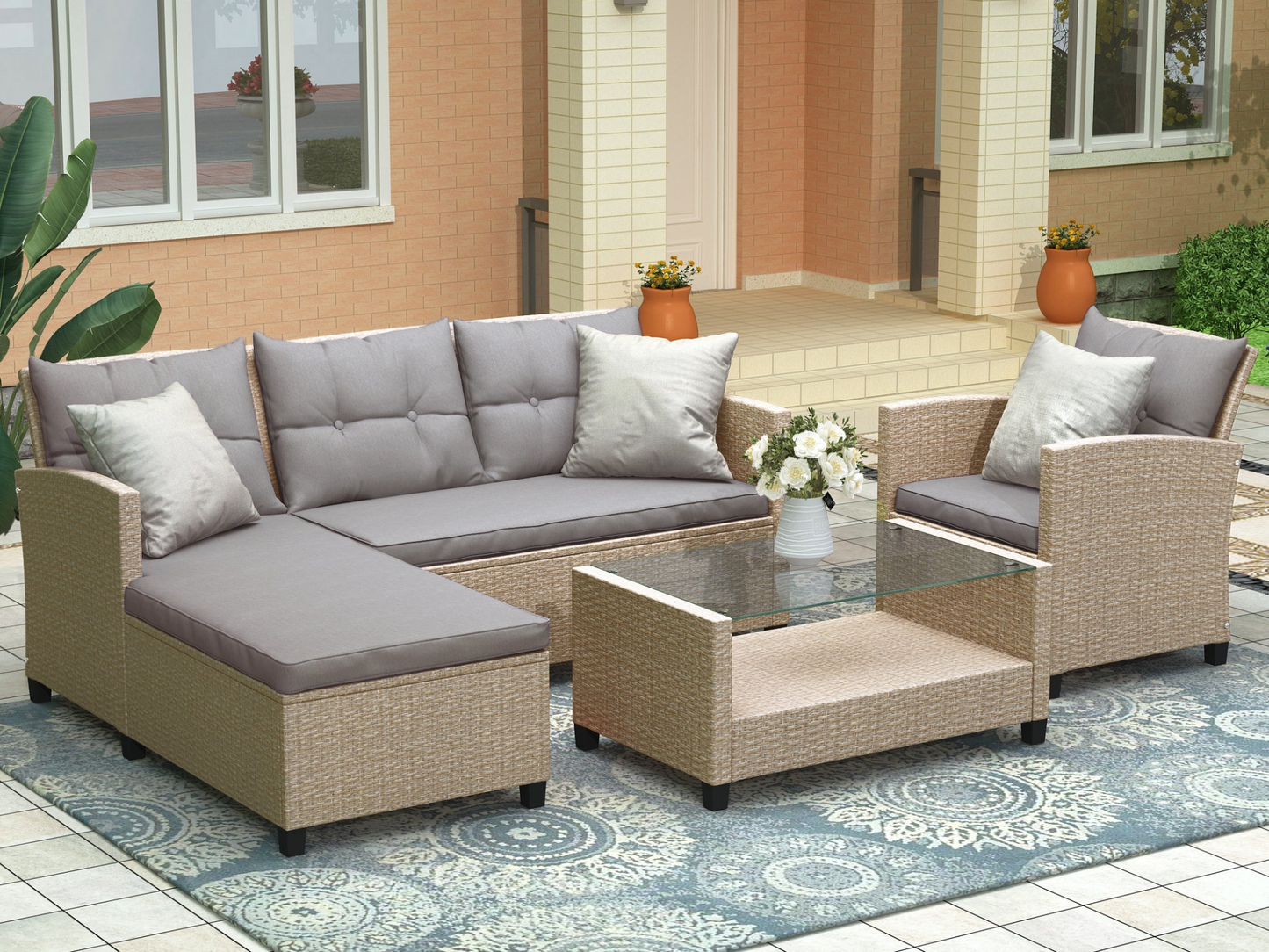 Outdoor, Patio Furniture Sets, 4 Piece Conversation Set Wicker Ratten Sectional Sofa with Seat Cushions(Beige Brown)