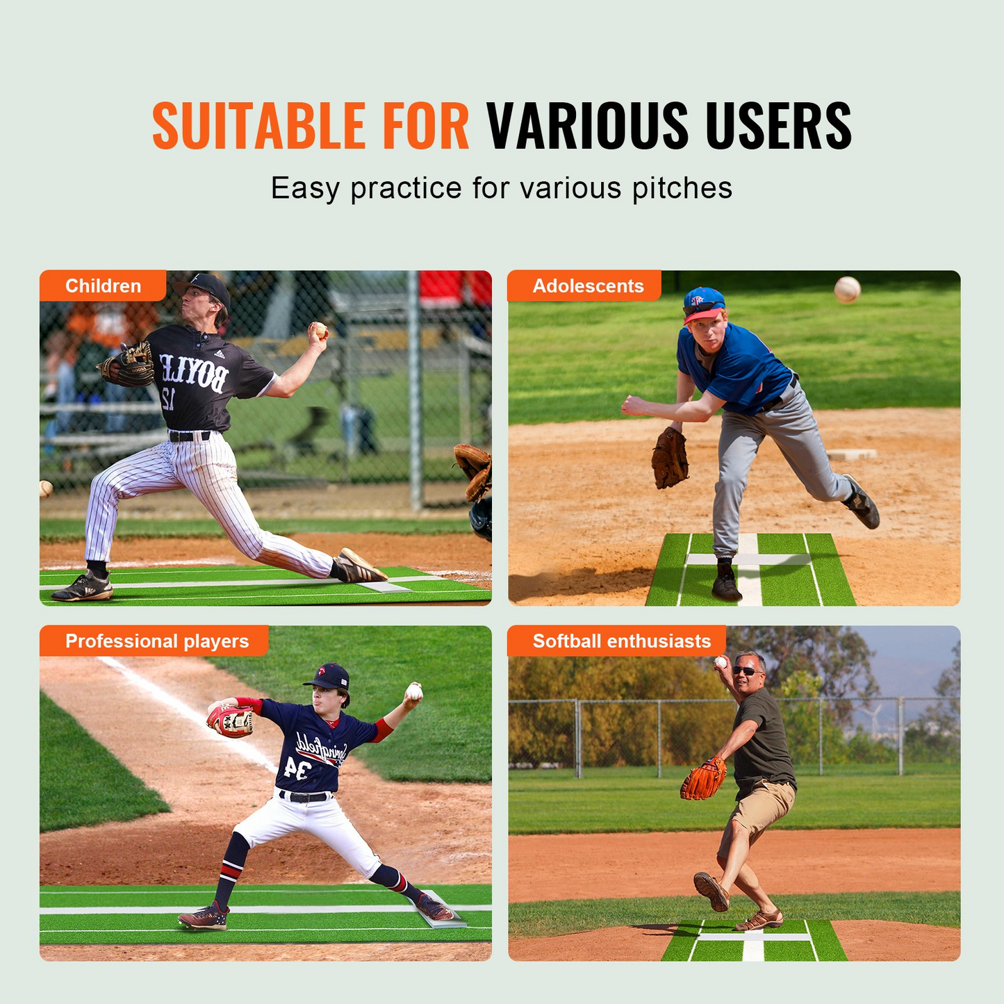 VEVOR Softball Pitching Mat, 10' x 3' Softball Pitching Mound, Antislip Antifade Rubber Softball Pitching Training Aid, Pitch Practice Mat for Pitchers Indoor Outdoor Pitching Practice, Green