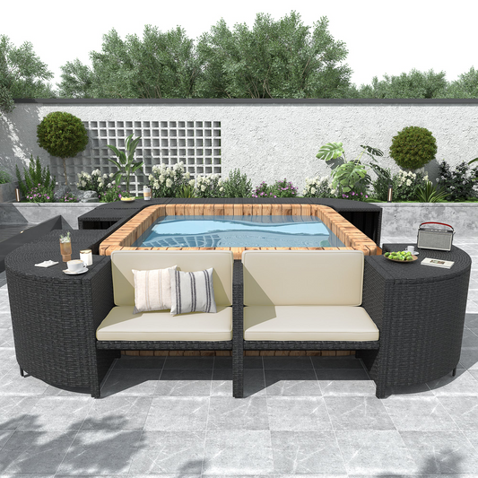 Spa Surround Spa Frame Quadrilateral Outdoor Rattan Sectional Sofa Set with Mini Sofa,Wooden Seats and Storage Spaces, Beige