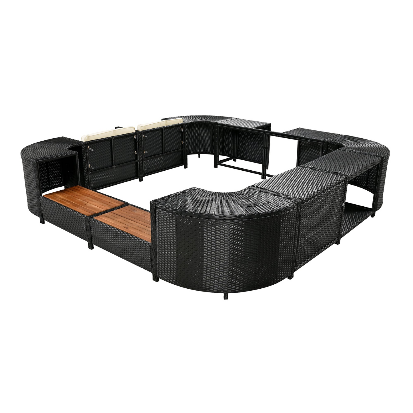 Spa Surround Spa Frame Quadrilateral Outdoor Rattan Sectional Sofa Set with Mini Sofa,Wooden Seats and Storage Spaces, Beige