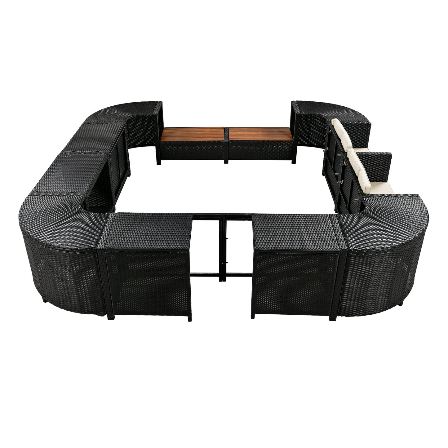 Spa Surround Spa Frame Quadrilateral Outdoor Rattan Sectional Sofa Set with Mini Sofa,Wooden Seats and Storage Spaces, Beige